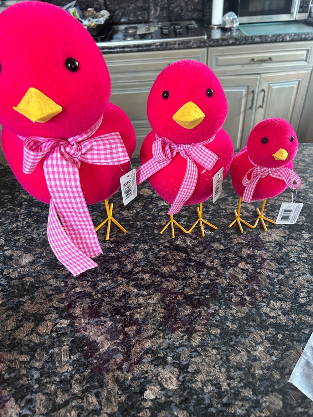 ASHLAND FLOCKED PINK DECORATIVE PINK CHICKS WITH GINGHAM BOWS LOT OF 3 NWT